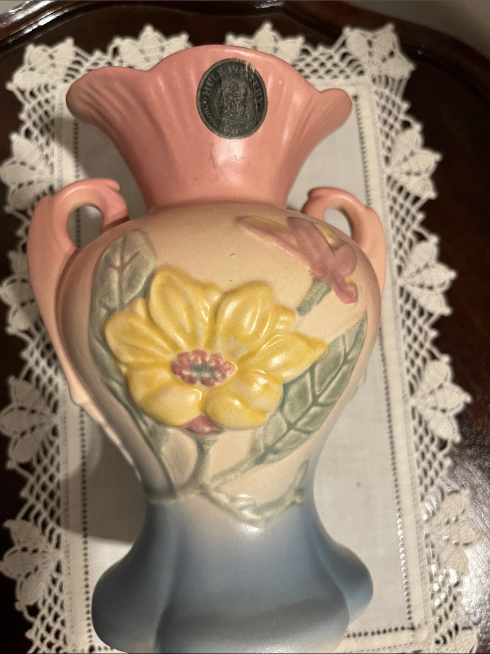 Vintage Hull pottery vase with original sticker.